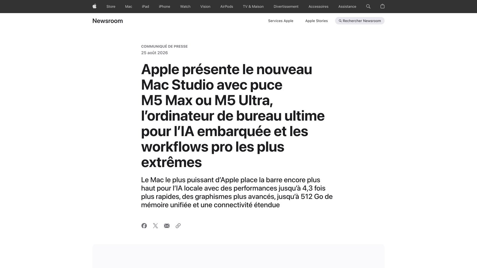 Le communiqué d'Apple du 25 août 2026 sur la newsroom française : le Mac Studio, « ordinateur de bureau ultime pour l'IA embarquée », jusqu'à 512 Go de mémoire unifiée.