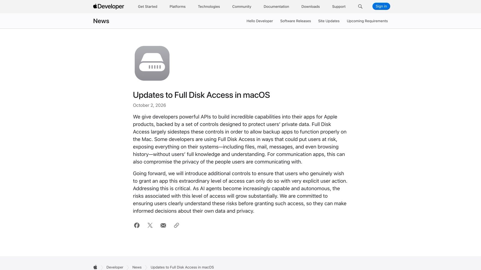 L'annonce d'Apple publiée vendredi 2 octobre 2026 sur developer.apple.com : deux paragraphes qui durcissent l'accès complet au disque de macOS.