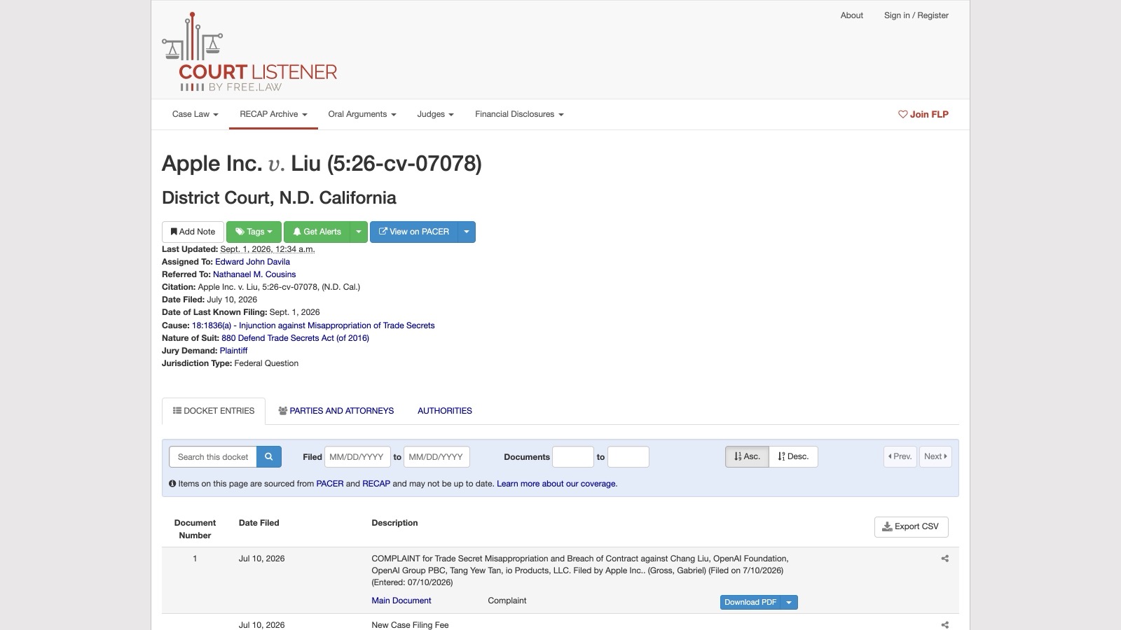Le docket de l'affaire Apple Inc. v. Liu sur CourtListener (dossier 5:26-cv-07078, cas 474095), consulté le 1ᵉʳ septembre 2026.