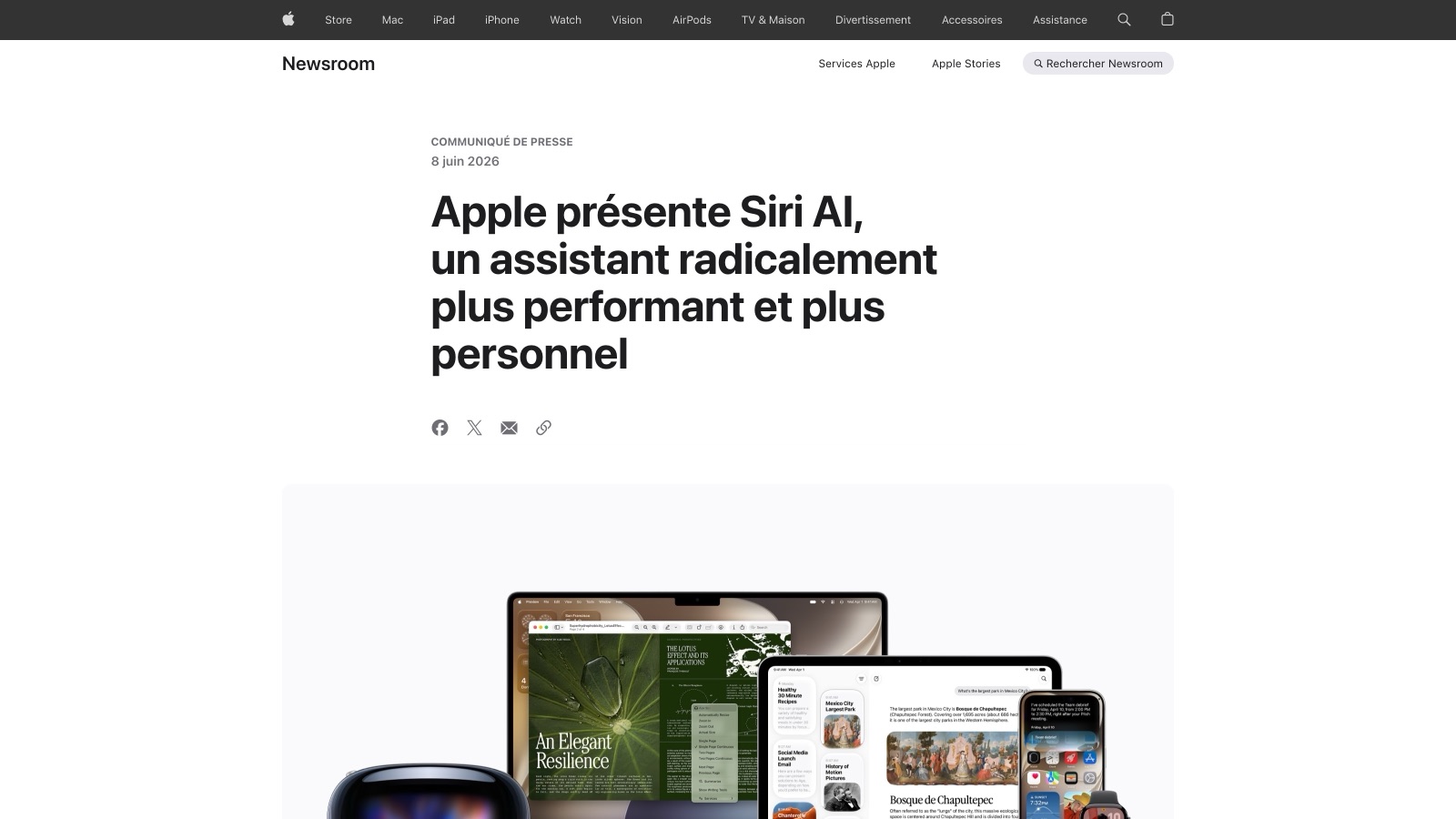 Le communiqué du 8 juin 2026 sur la newsroom française d'Apple, qui présente Siri AI.