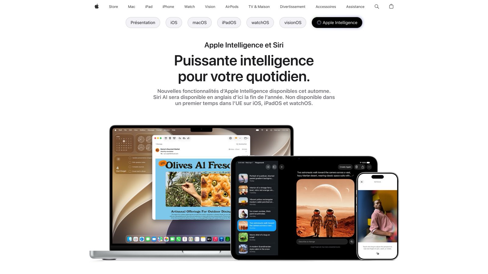 Sur apple.com/fr, Apple annonce Siri AI en anglais d'ici la fin de l'année et signale son indisponibilité dans l'UE sur iOS, iPadOS et watchOS.