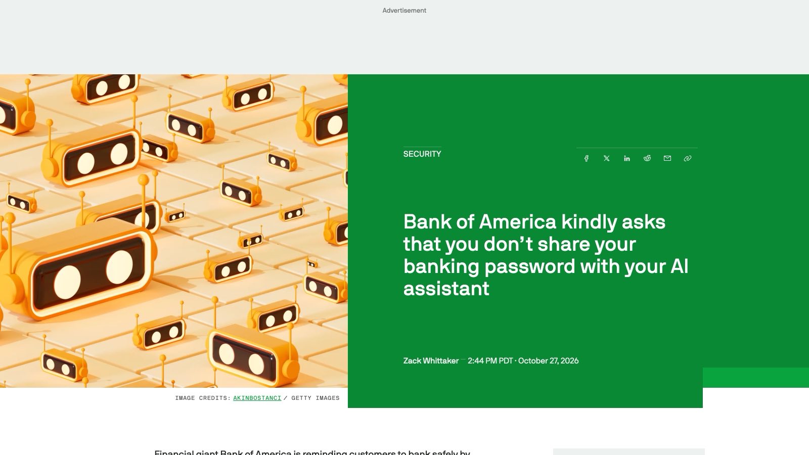 L'article de TechCrunch du 27 octobre 2026, rubrique Security, signé Zack Whittaker : « Bank of America kindly asks that you don't share your banking password with your AI assistant ».