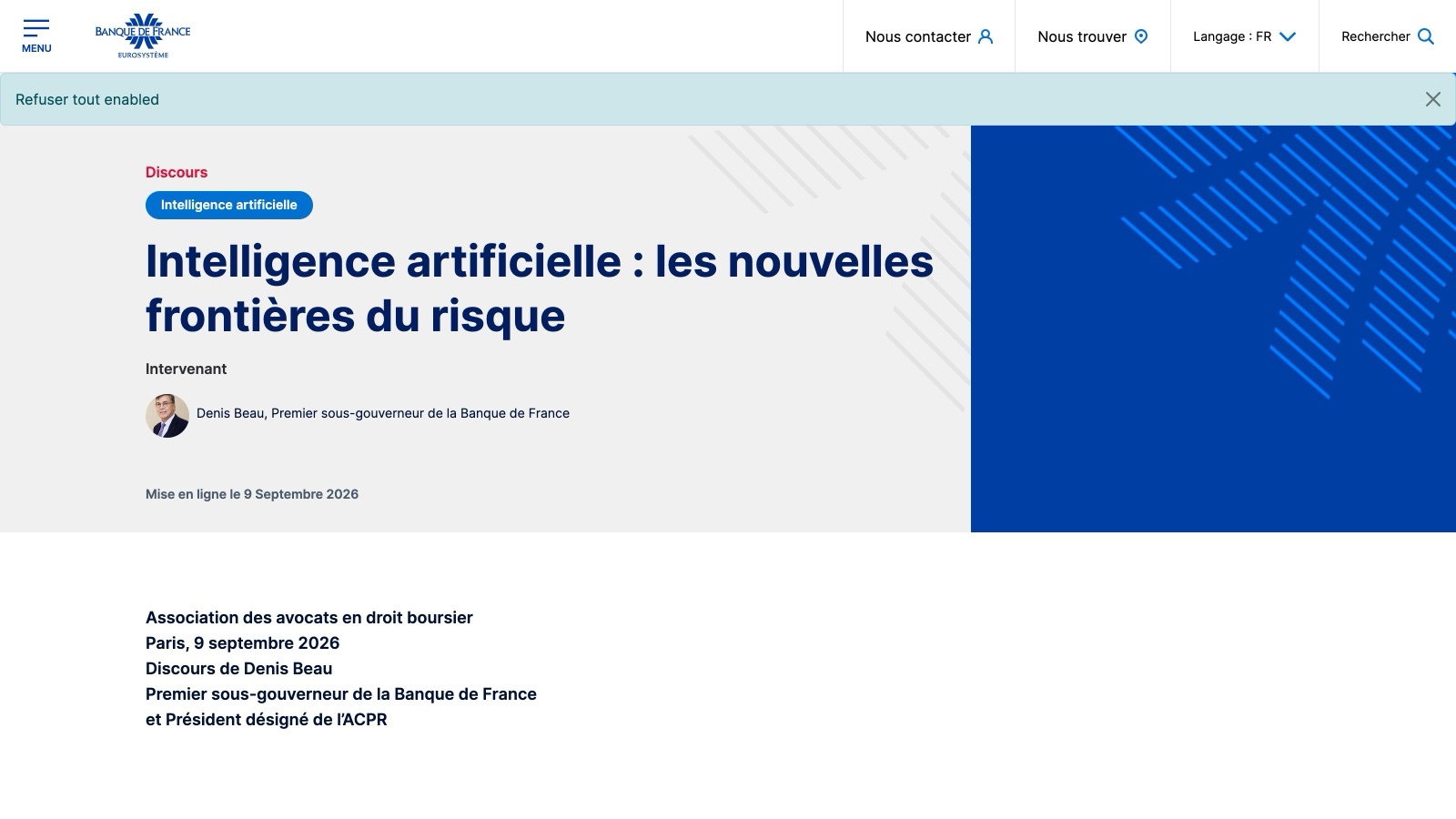 Le discours de Denis Beau du 9 septembre 2026, publié sur banque-france.fr.