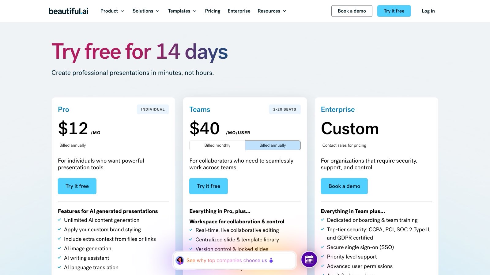 La page de tarifs de Beautiful.ai vue depuis la France : 12 $ pour l'offre Pro, mais en petit sous le prix, la mention « Billed annually ».