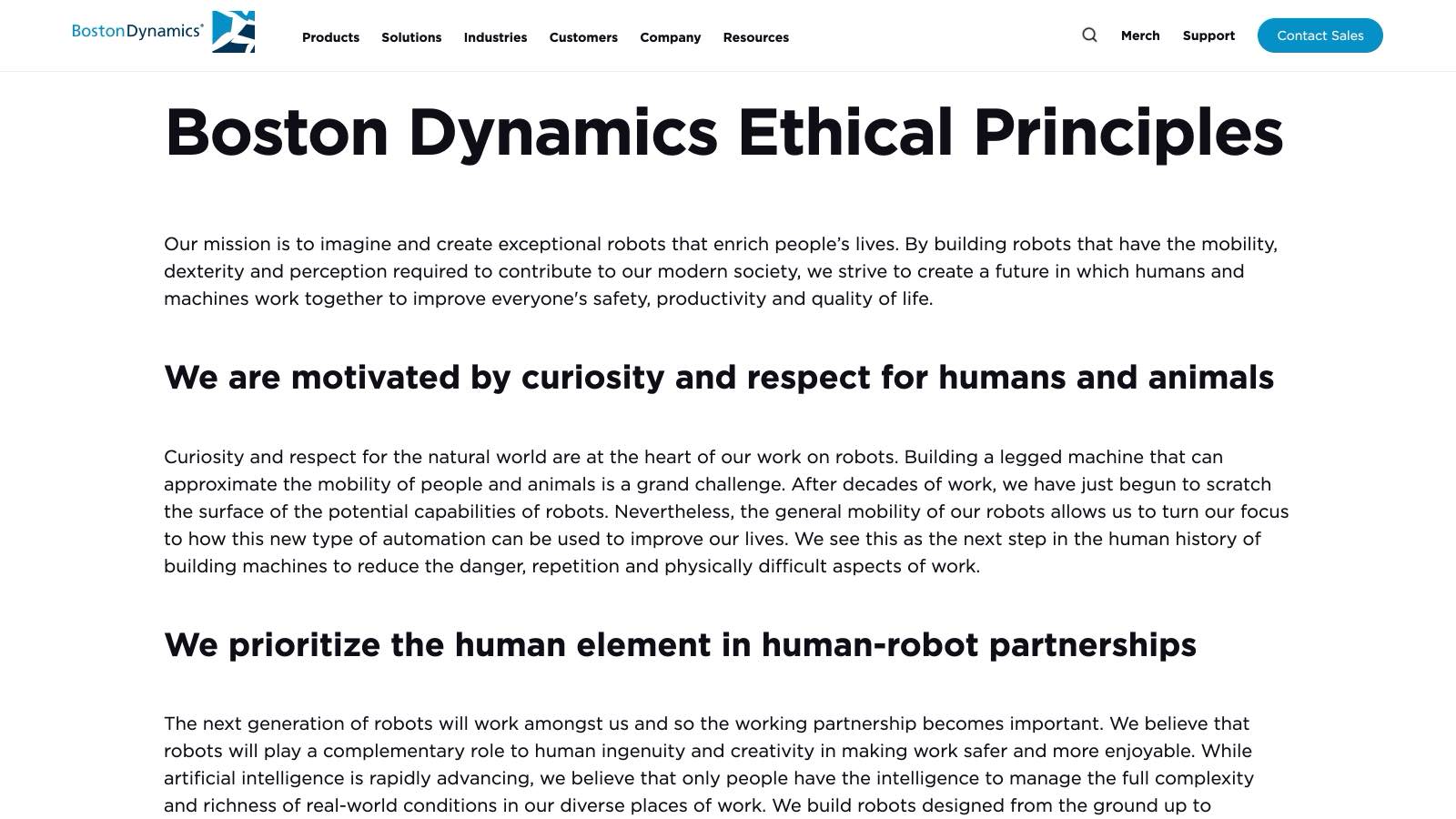 La page « Boston Dynamics Ethical Principles » : la mission de l'entreprise, puis ses deux premiers principes affichés.