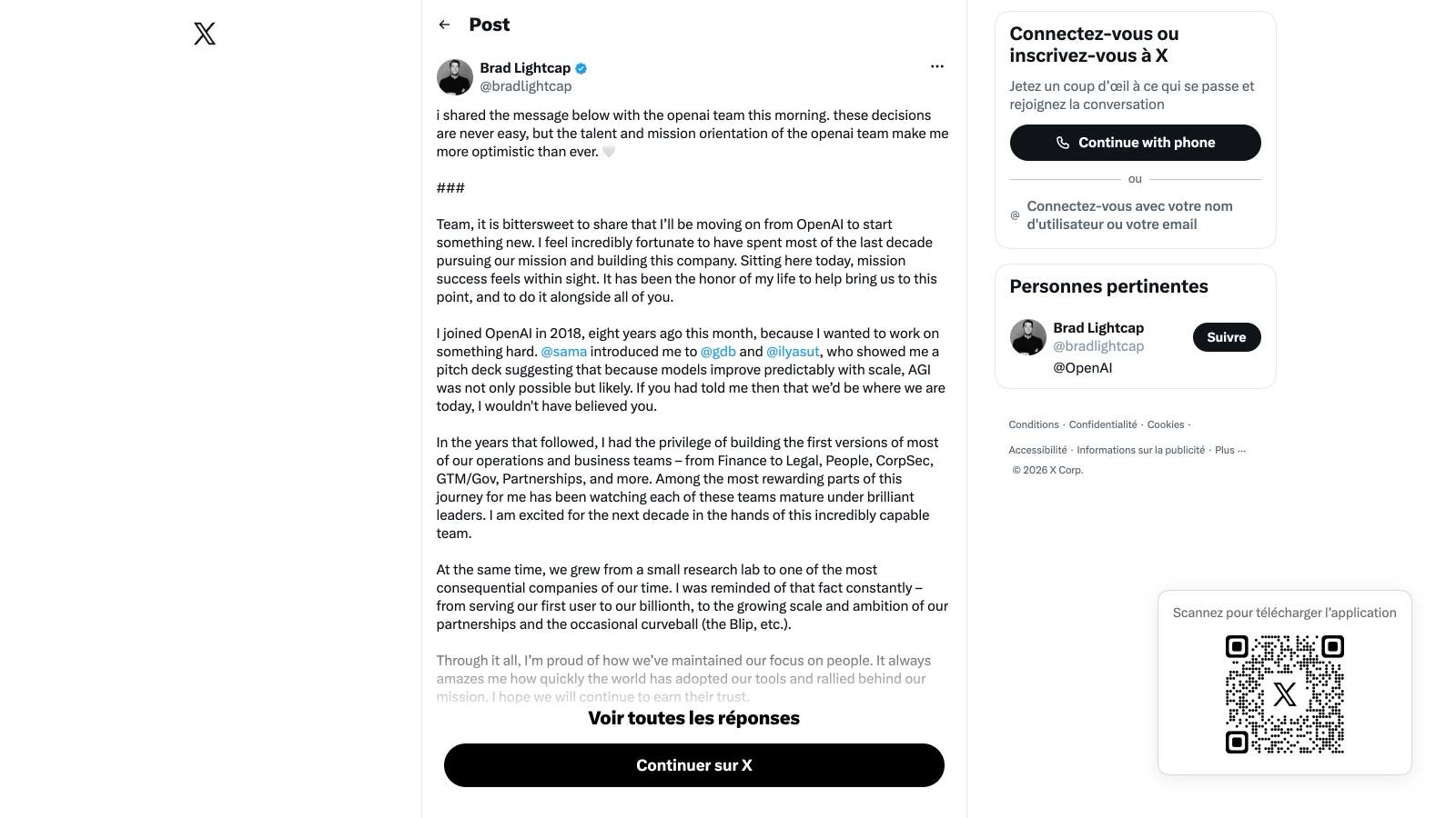 Le mémo intégral de Brad Lightcap aux équipes d'OpenAI, publié sur son compte X le 11 août 2026.