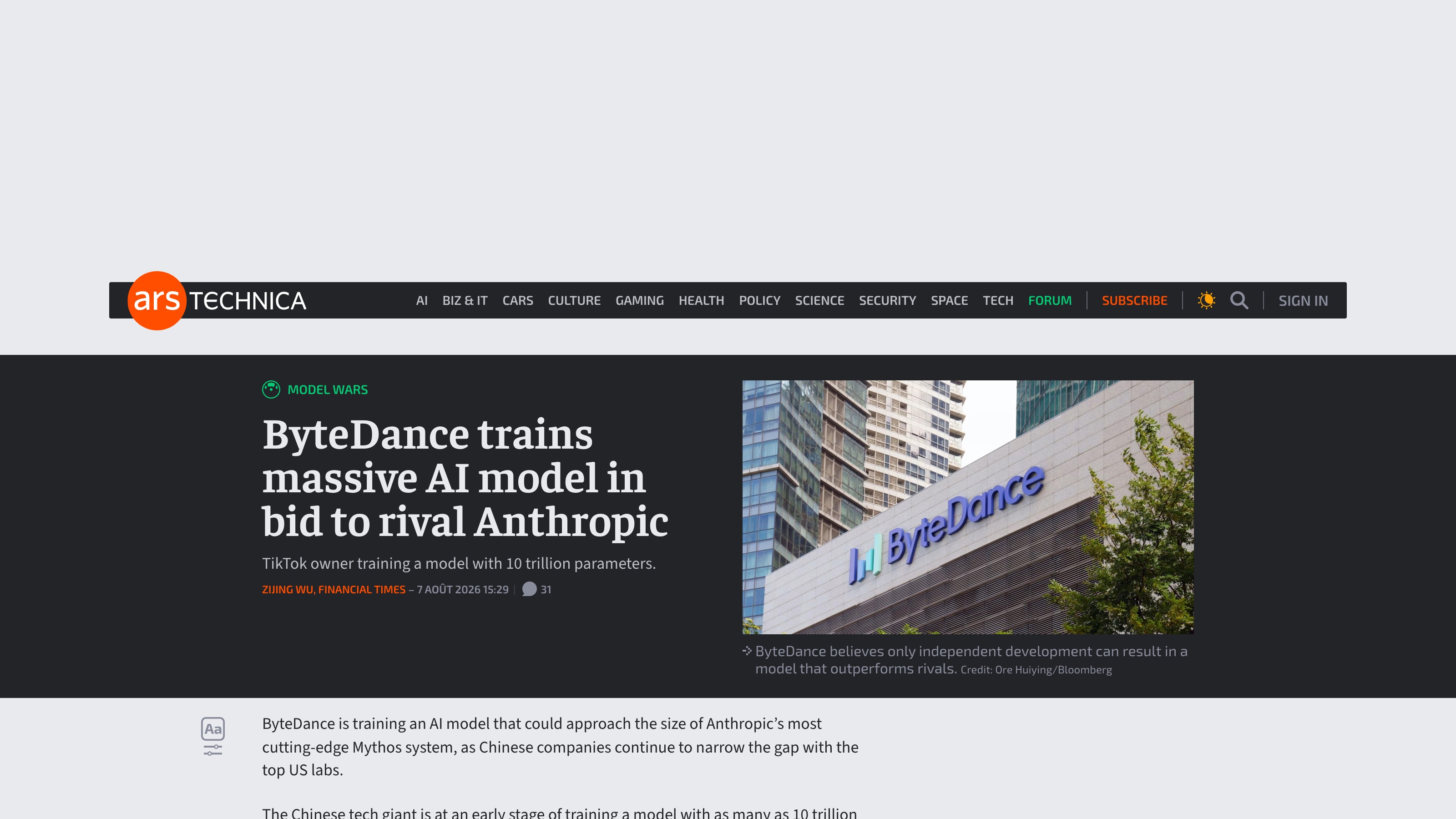 La reprise intégrale du scoop du Financial Times publiée par Ars Technica le 7 août 2026, capturée le 10 août.