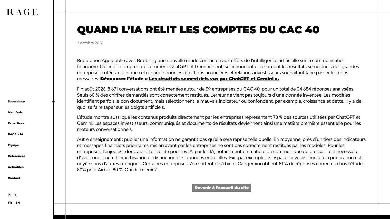 La page de présentation de l'étude sur le site de Reputation Age, capture du 5 octobre 2026.