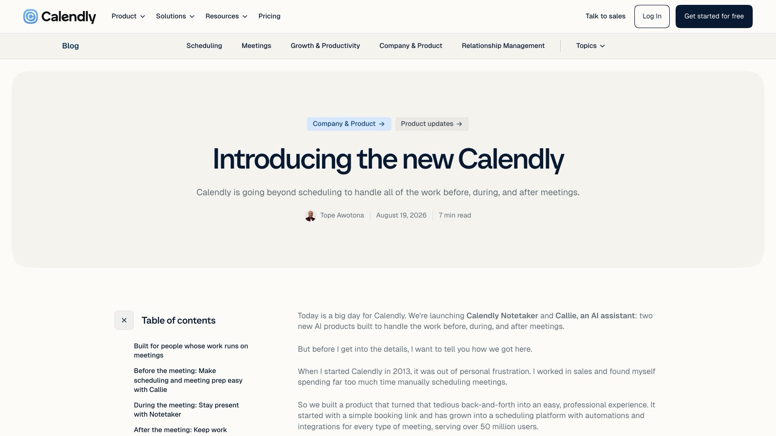 L'annonce officielle « Introducing the new Calendly », publiée le 19 août 2026 sur le blog Calendly, présente Notetaker et Callie.