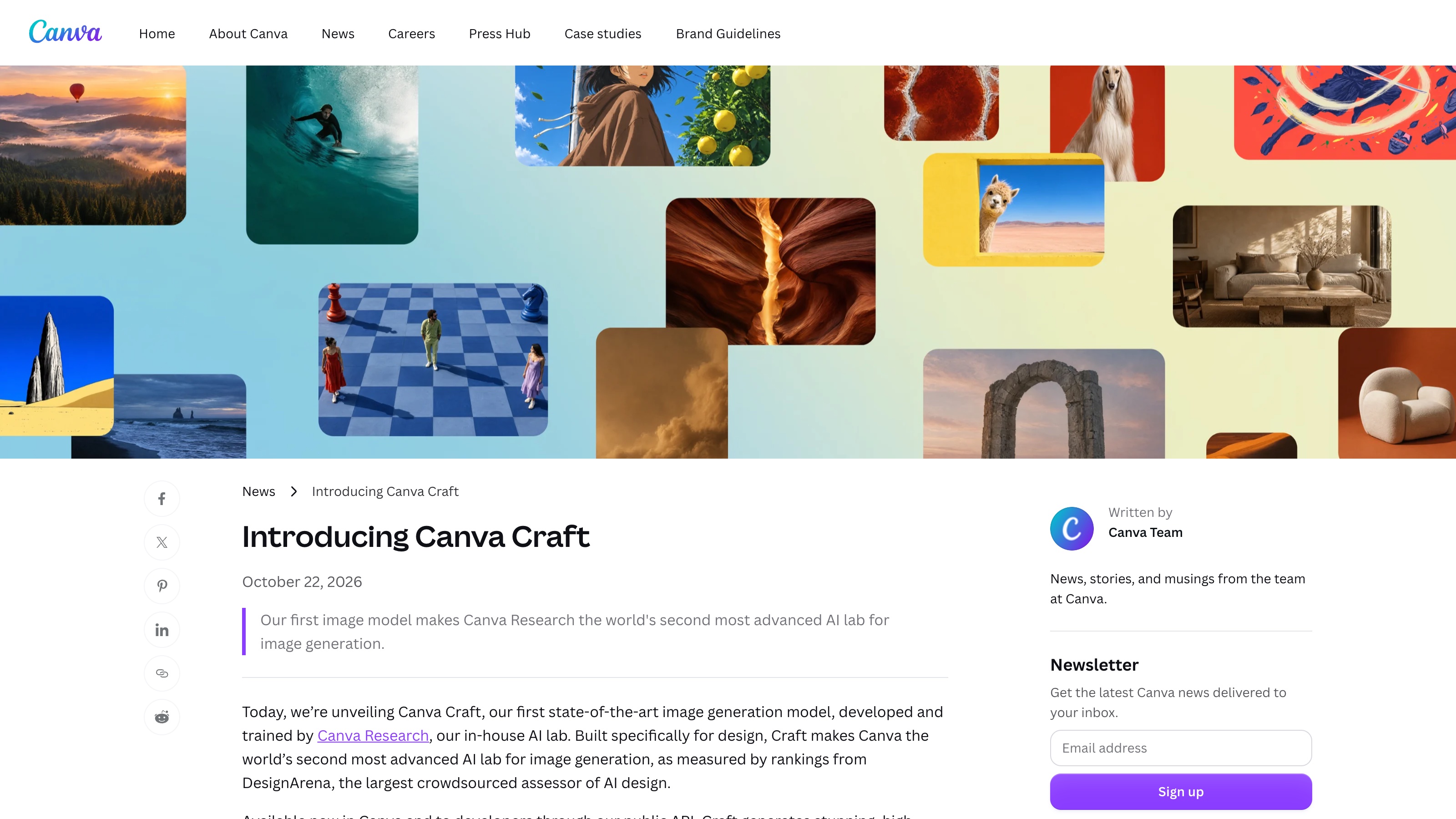 Le billet « Introducing Canva Craft » sur le newsroom de Canva : titre, date du 22 octobre 2026 et chapô visibles.