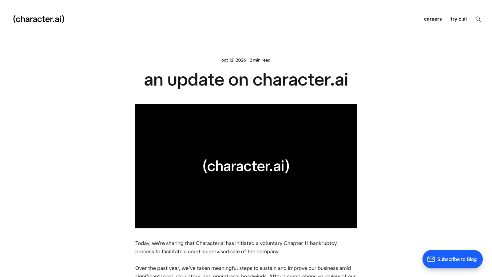 Le billet du blog officiel du 12 octobre 2026, « An Update on Character.ai », qui annonce la procédure.