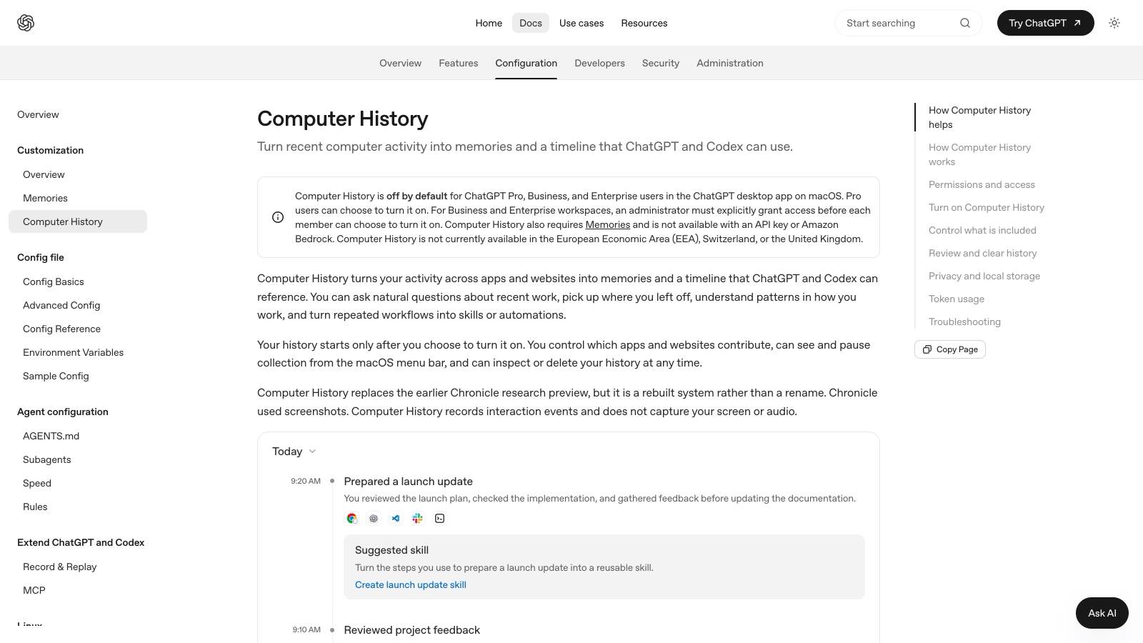 La page d'aide officielle d'OpenAI consacrée à Computer History, capturée le 17 août 2026. Elle détaille ce que la fonction enregistre, ce qu'elle exclut, et les réglages pour la piloter.
