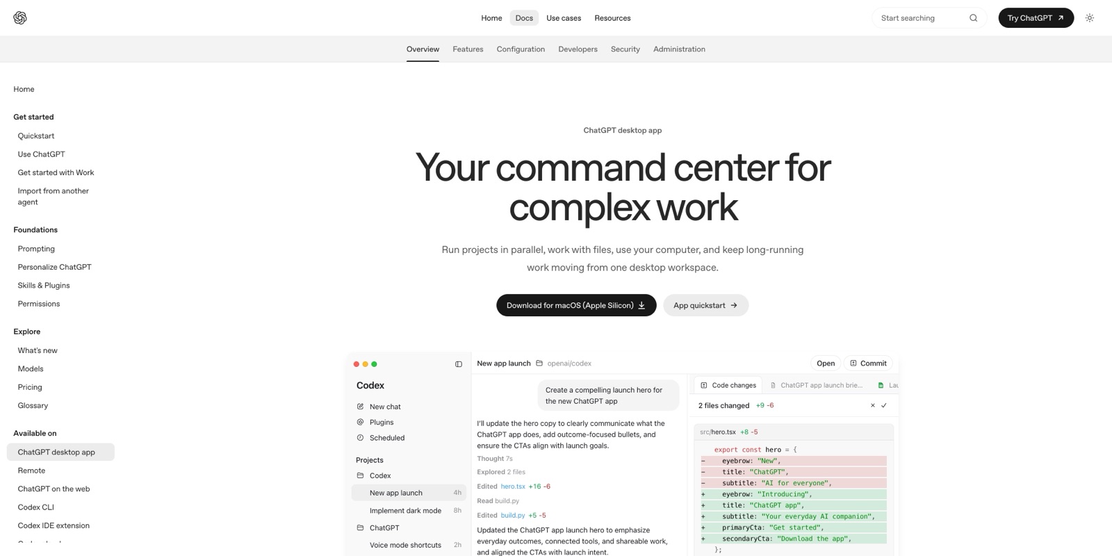 La documentation officielle de l'application de bureau, learn.chatgpt.com, capturée le 21 août 2026 : « Your command center for complex work ».