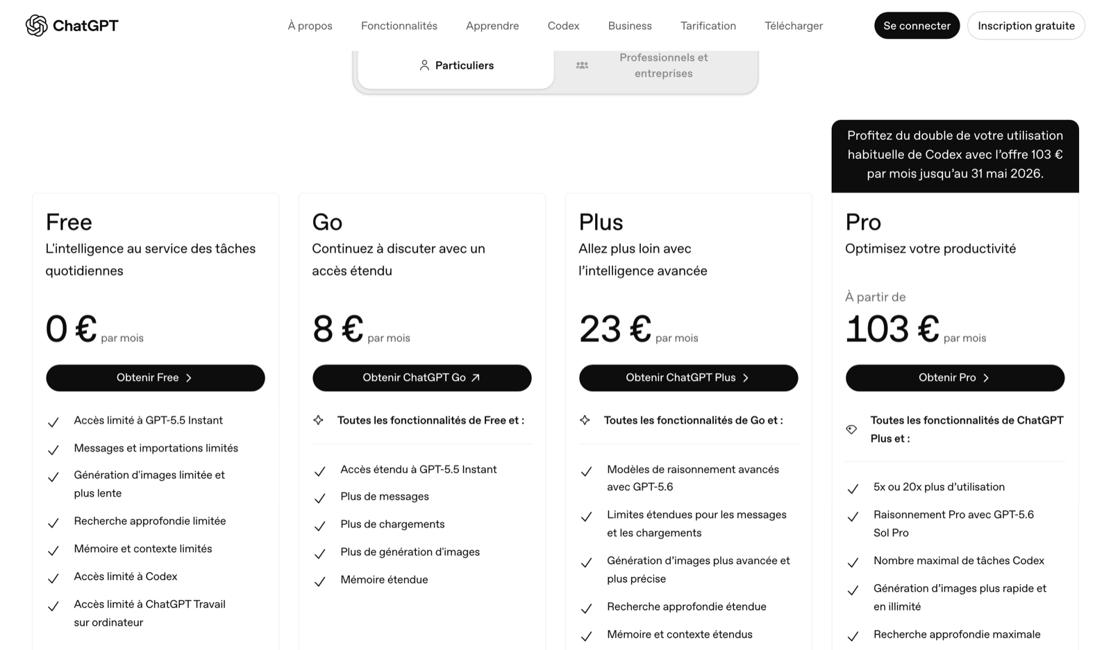 Relevée le 7 août 2026, la page de tarifs française annonce encore GPT-5.5 Instant et des messages limités pour l'offre gratuite.