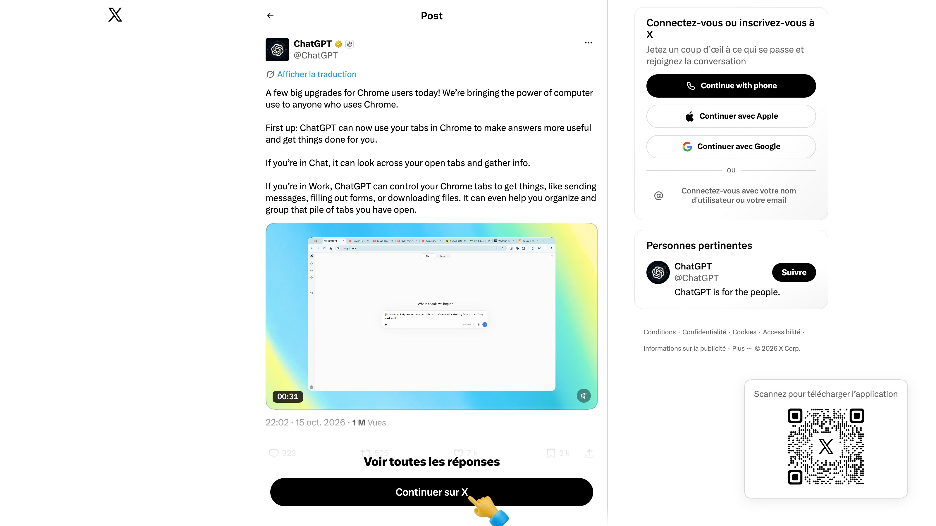 Le post d'annonce du compte certifié @ChatGPT, le 15 octobre 2026 à 22 h 02, heure de Paris.