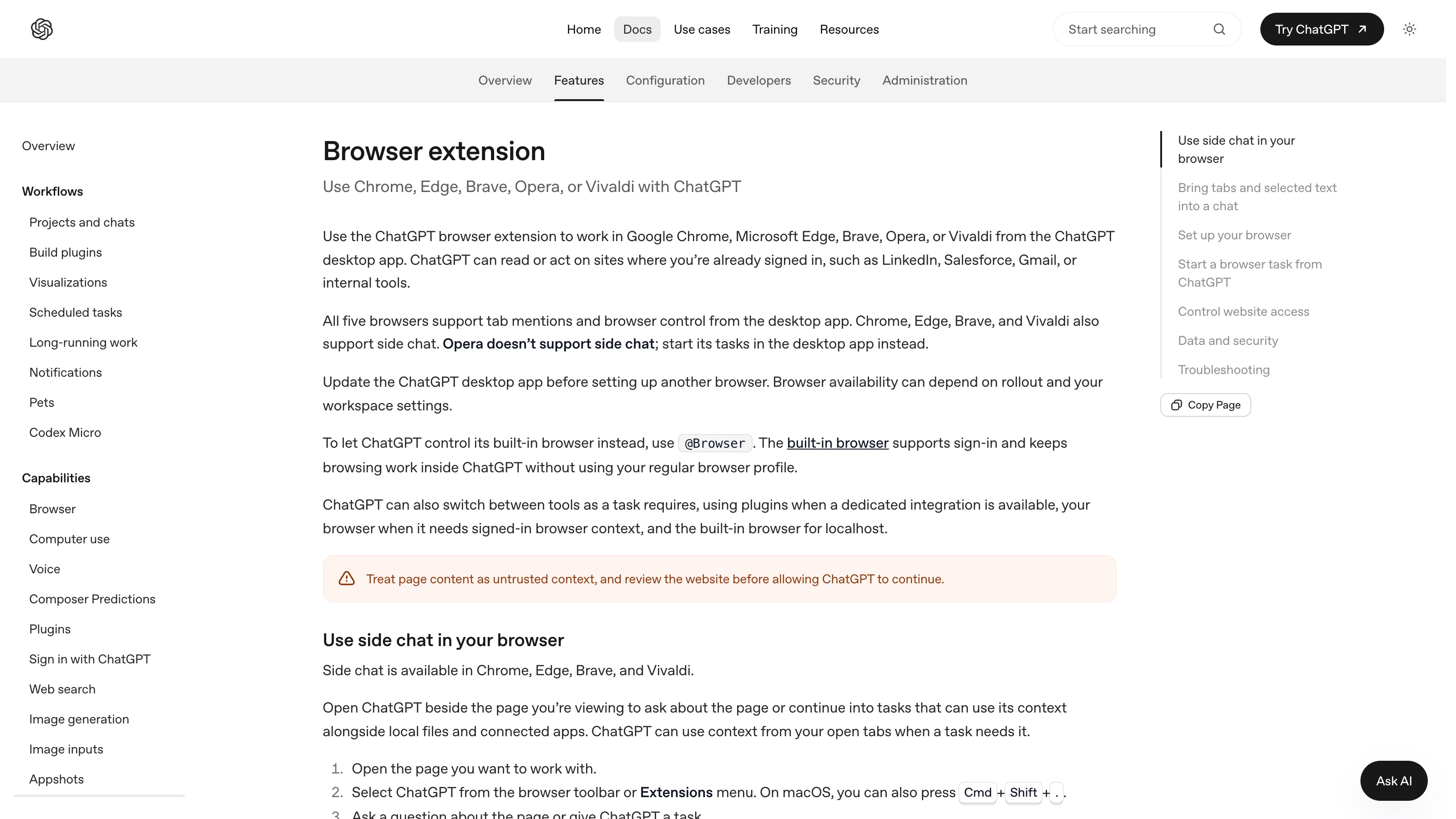La page « Browser extension » de la documentation d'OpenAI : les cinq navigateurs compatibles, et l'avertissement de traiter le contenu des pages comme un contexte non fiable.