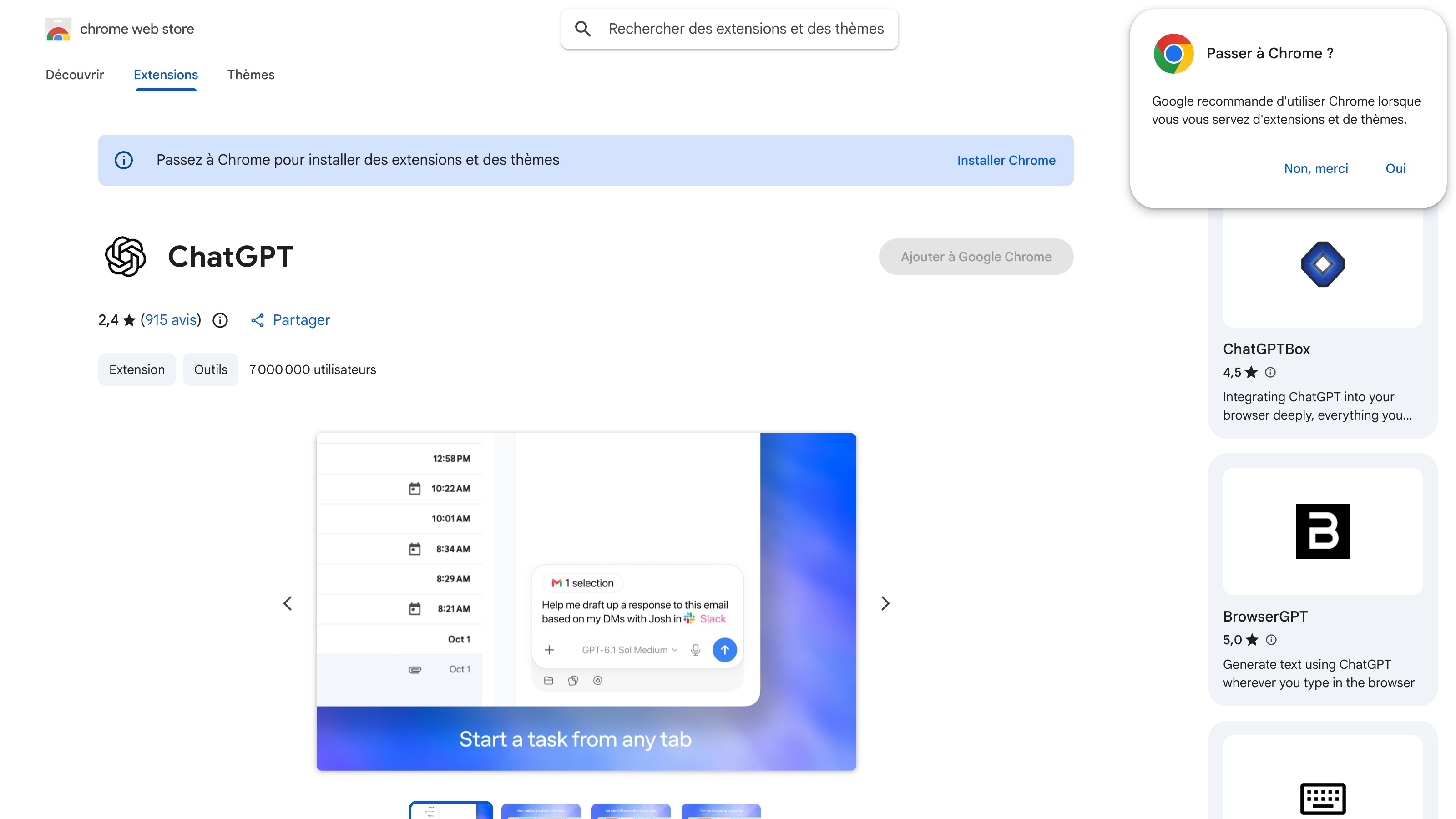 La fiche de l'extension sur le Chrome Web Store, relevée le 16 octobre 2026 : 2,4 sur 5 sur 915 avis.