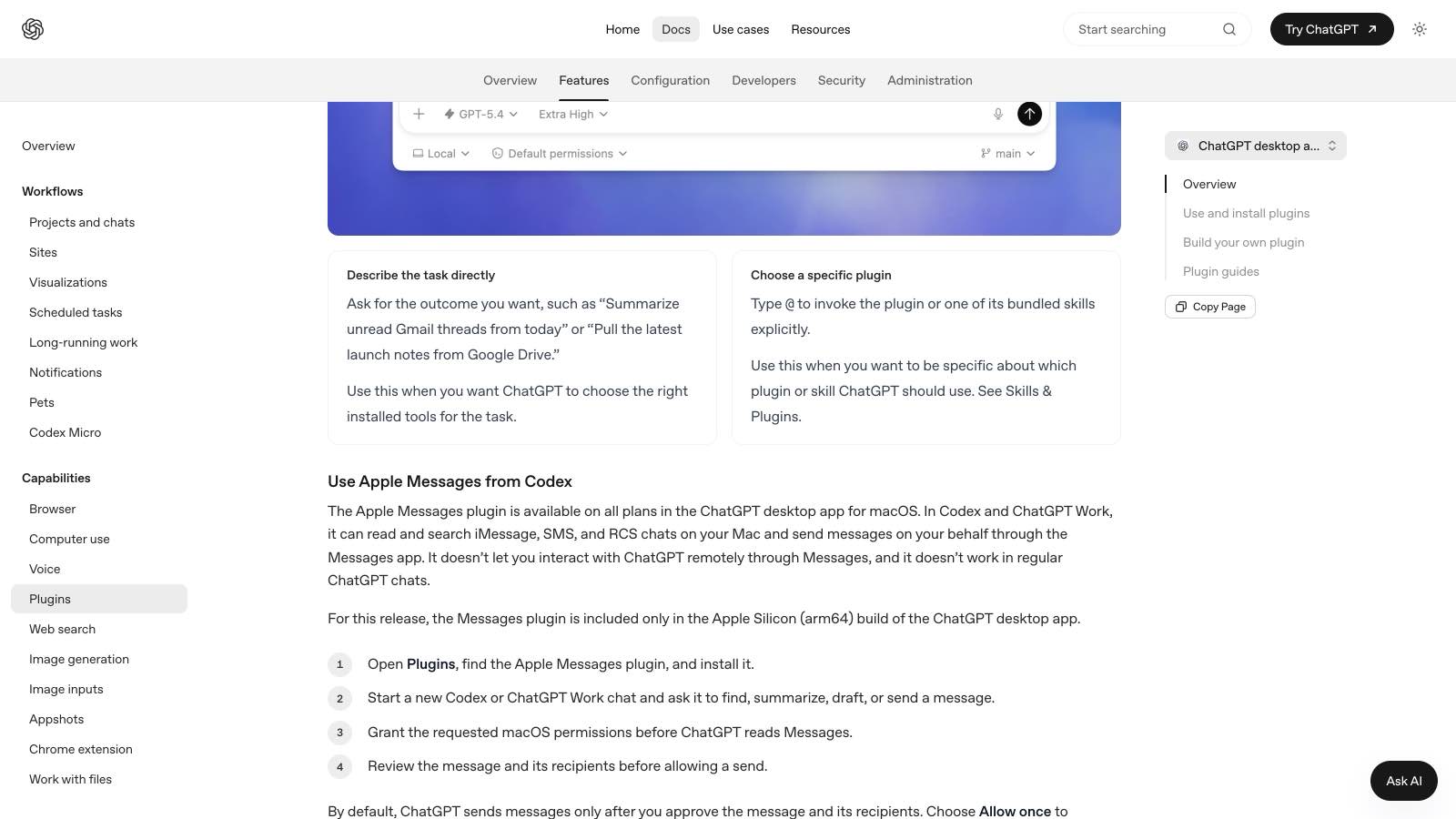 La documentation officielle du plugin Apple Messages, capturée le 21 août 2026 : étapes d'installation, permissions macOS et validation de l'envoi.