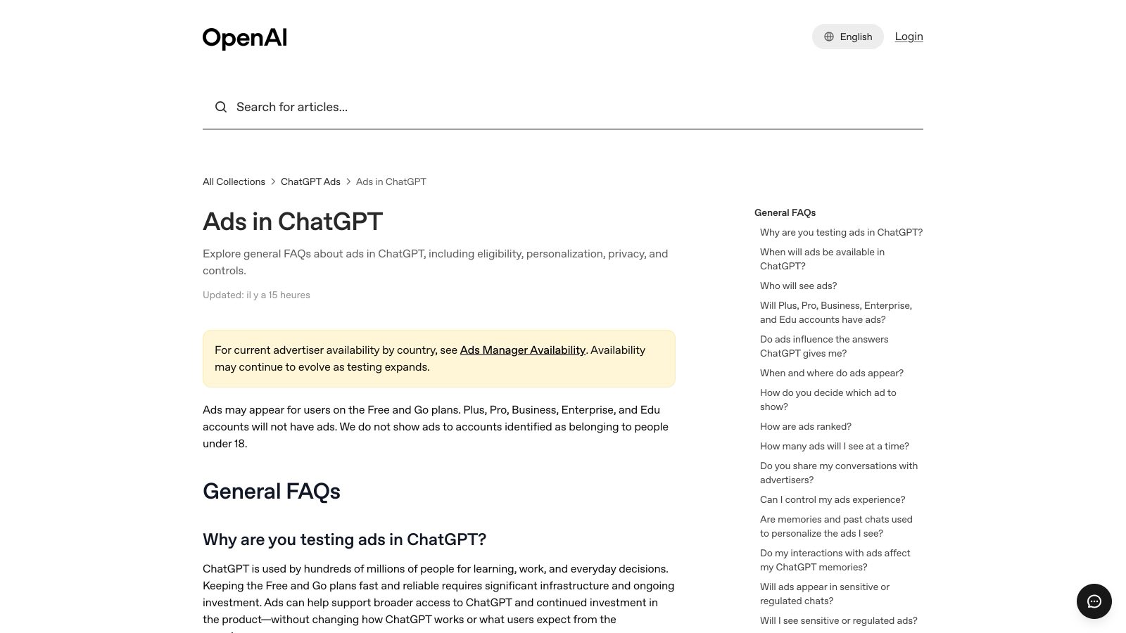 La page officielle « Ads in ChatGPT » du centre d'aide d'OpenAI, mise à jour fin août 2026 : sur ce programme, les publicités concernent uniquement les offres Free et Go.