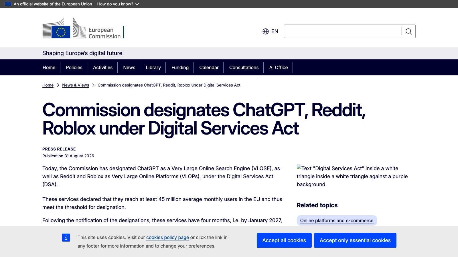 Le communiqué de la Commission européenne du 31 août 2026 annonçant la désignation de ChatGPT, Reddit et Roblox.