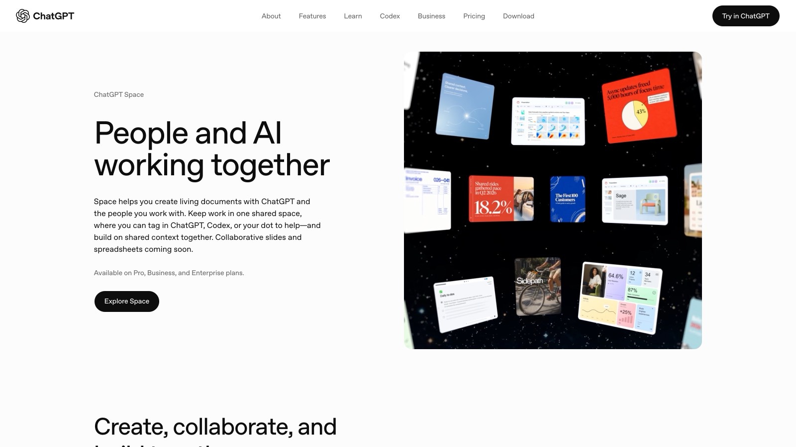 La page produit officielle de ChatGPT Space présente « People and AI working together » et annonce des diapositives et feuilles de calcul collaboratives « coming soon ».