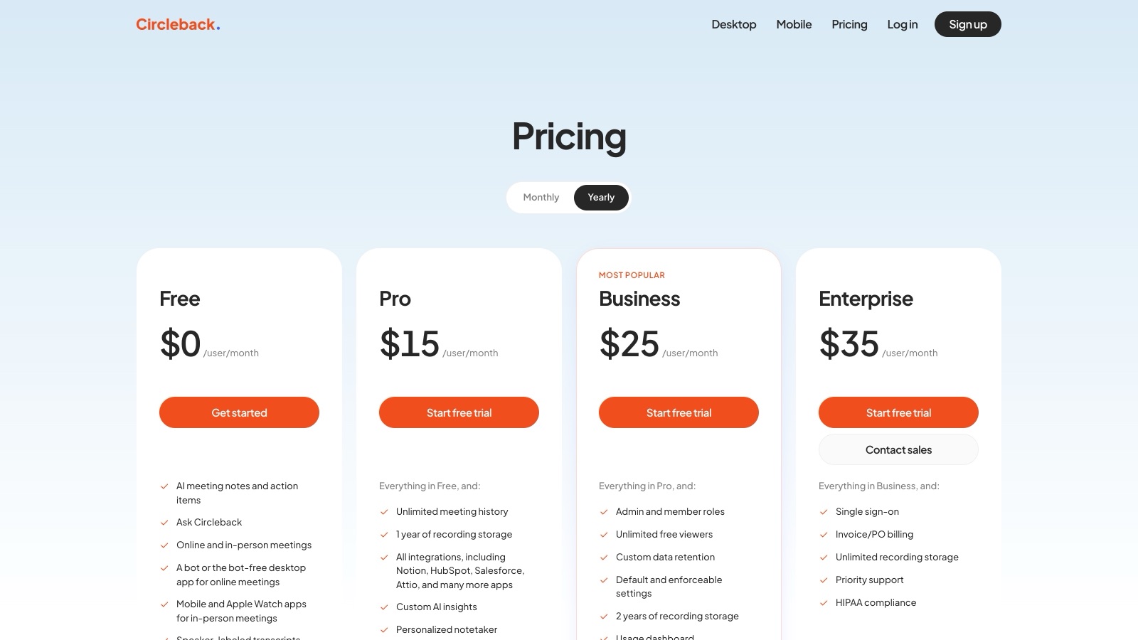 Page de tarifs de Circleback au 1ᵉʳ septembre 2026 : la bascule « Yearly » est sélectionnée par défaut, Free 0 $, Pro 15 $, Business 25 $ et Enterprise 35 $ par utilisateur et par mois.