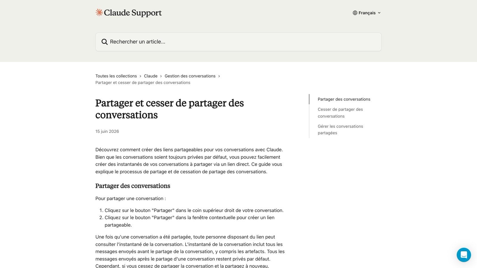 La page d'aide officielle de Claude sur le partage de conversations, dans sa version française.