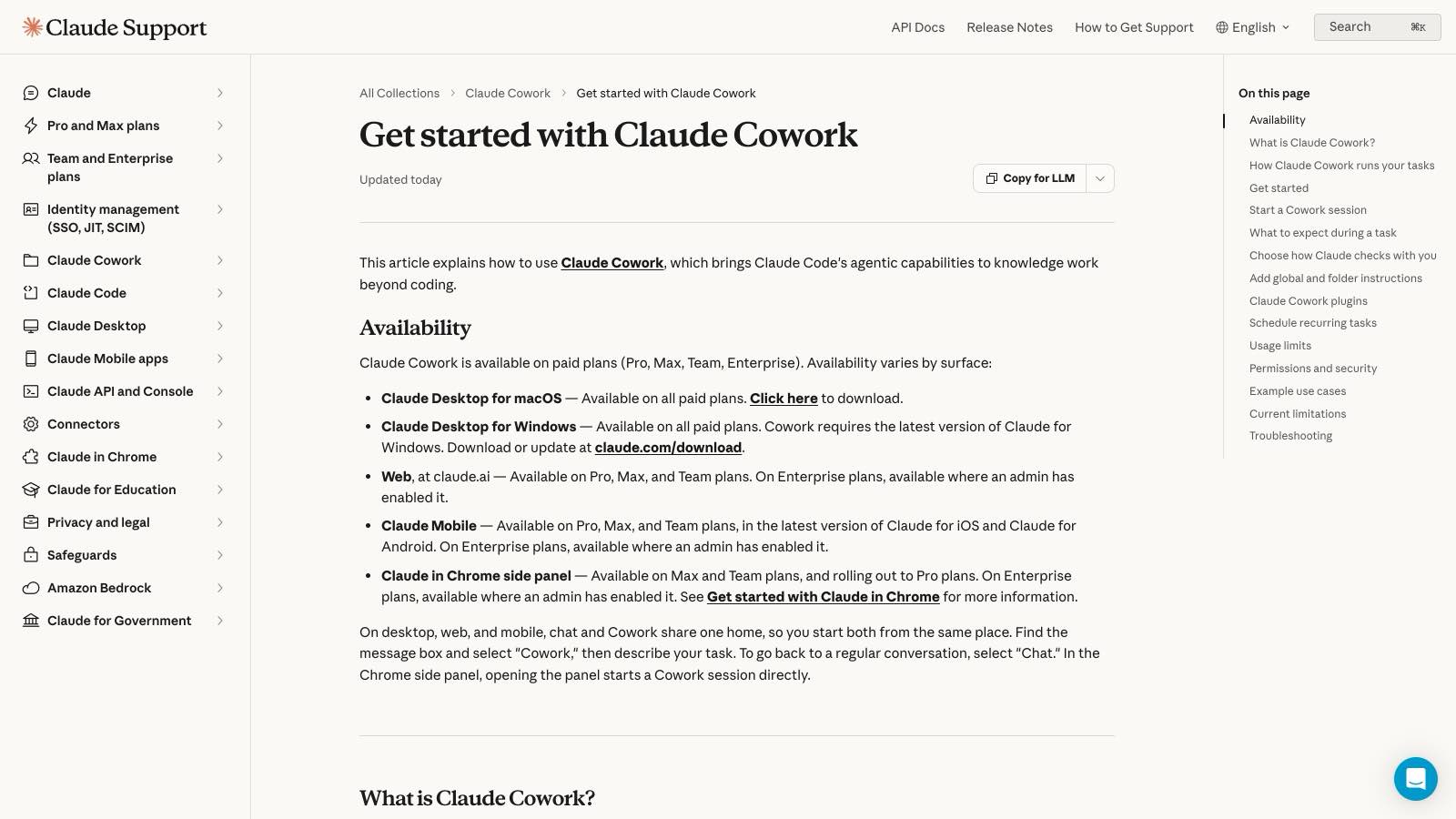 La documentation officielle « Get started with Claude Cowork » : la disponibilité par surface (desktop macOS et Windows sur tous les plans payants, web, mobile et panneau Chrome selon les plans), et le partage du même point de départ entre Chat et Cowork.