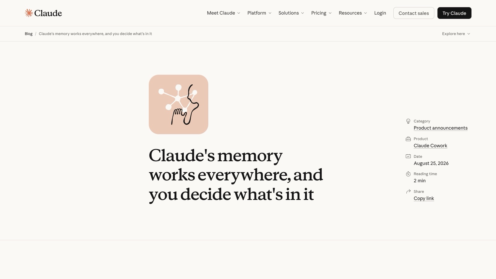 L'annonce officielle publiée sur le blog de Claude le 25 août 2026, catégorie « Product announcements », produit Claude Cowork.