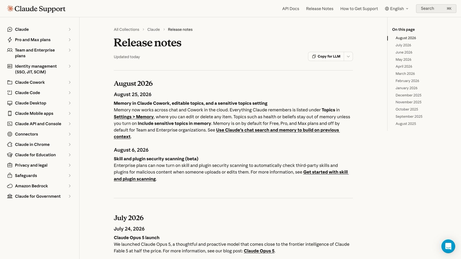 Les notes de version officielles de Claude, entrée du 25 août 2026 : « Memory in Claude Cowork, editable topics, and a sensitive topics setting », avec les topics éditables et le réglage des sujets sensibles.