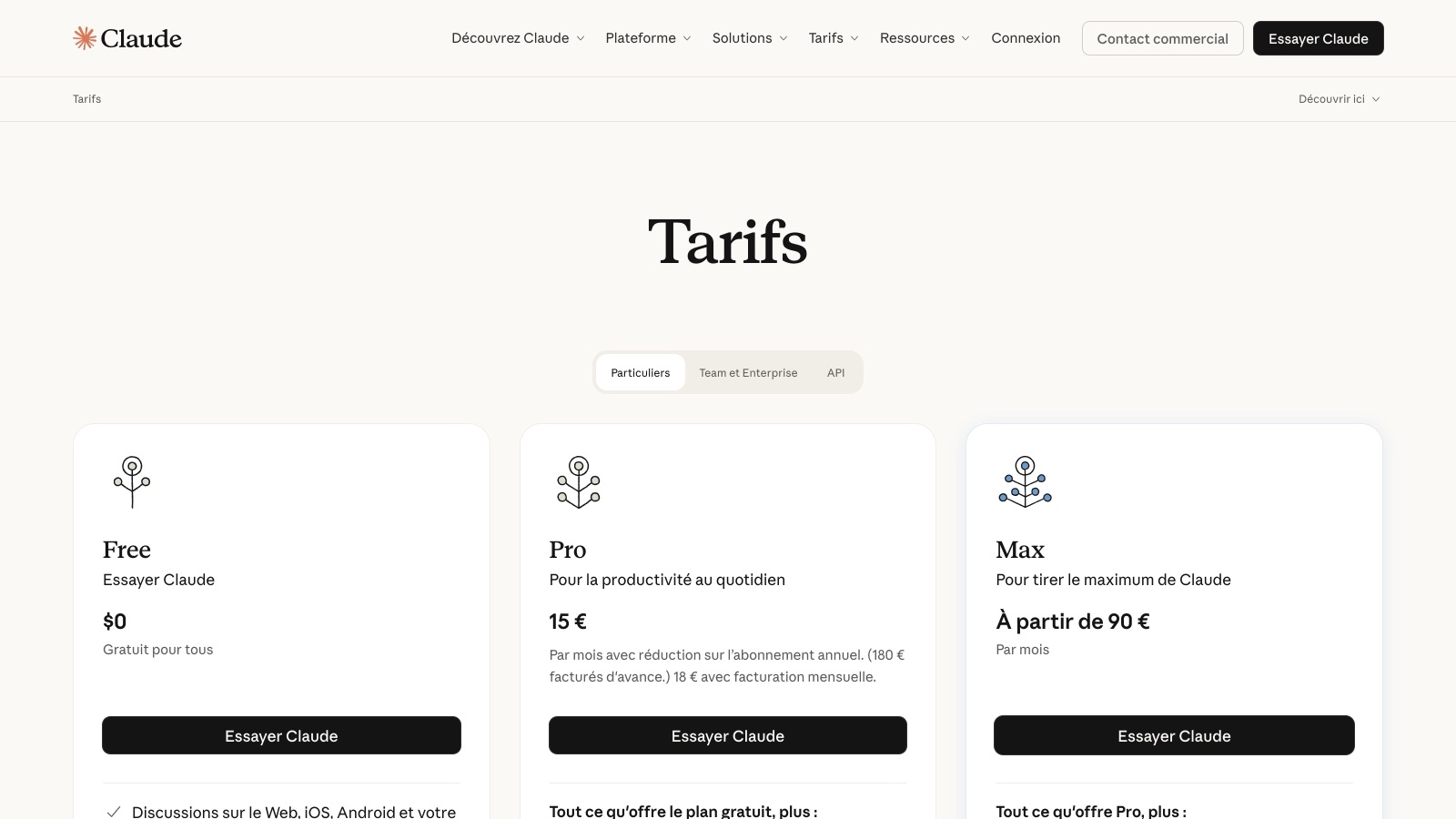 La page officielle des tarifs de Claude en français : Free à 0 $, Pro à 15 € en annuel (180 € d'avance) ou 18 € mensuel, Max à partir de 90 € par mois.