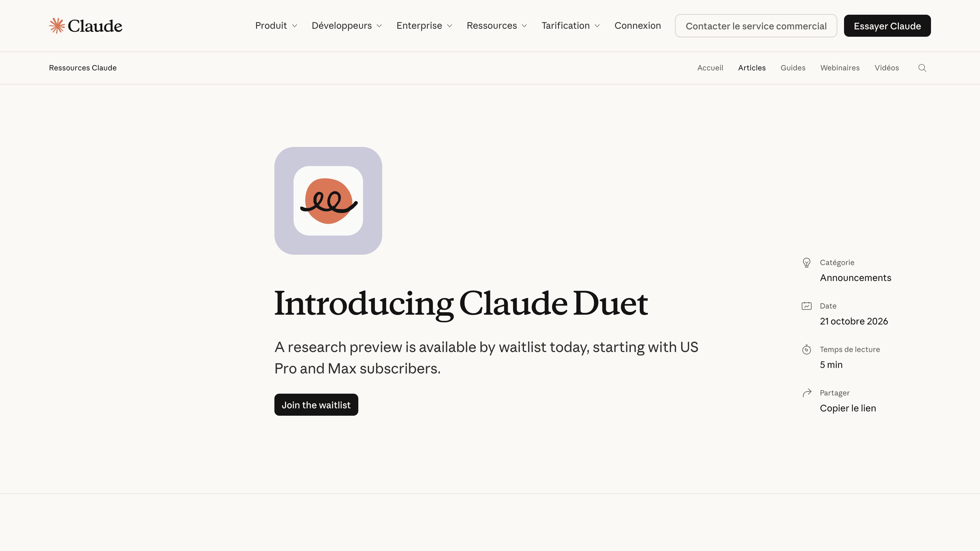Le billet d'annonce « Introducing Claude Duet » publié le 21 octobre 2026 : son sous-titre annonce un aperçu de recherche accessible par liste d'attente, à commencer par les abonnés Pro et Max américains.