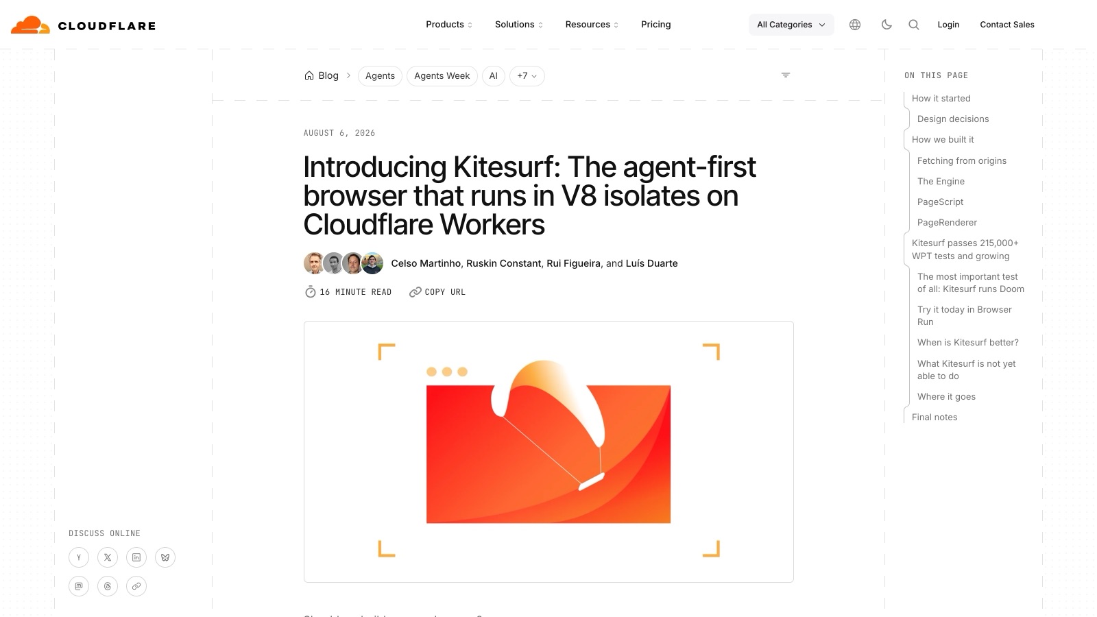 Le billet d'annonce publié le 6 août 2026 par quatre ingénieurs de Cloudflare, dont le sommaire annonce déjà « Kitesurf passes 215,000+ WPT tests ».