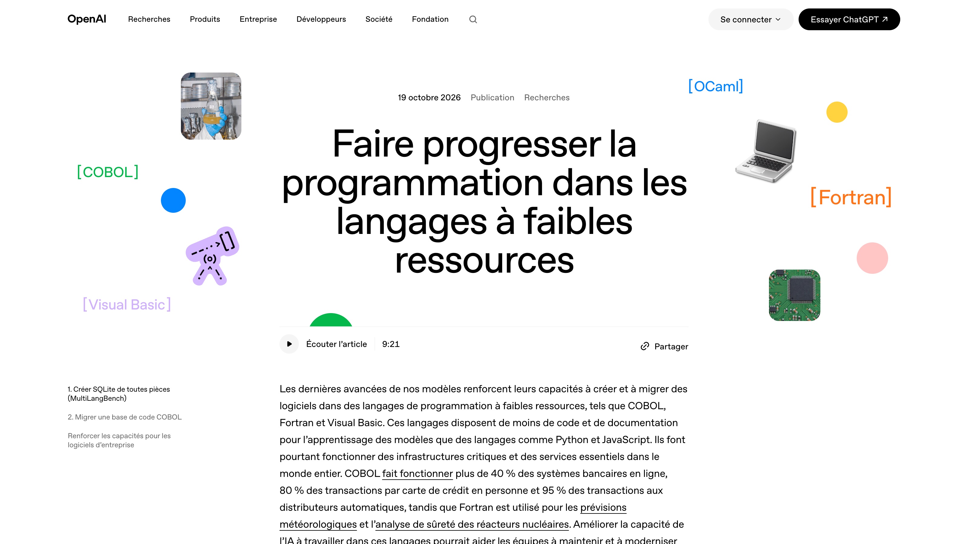 Le billet d'OpenAI en français, daté du 19 octobre 2026, et son sommaire : SQLite de toutes pièces, puis migration d'une base de code COBOL.