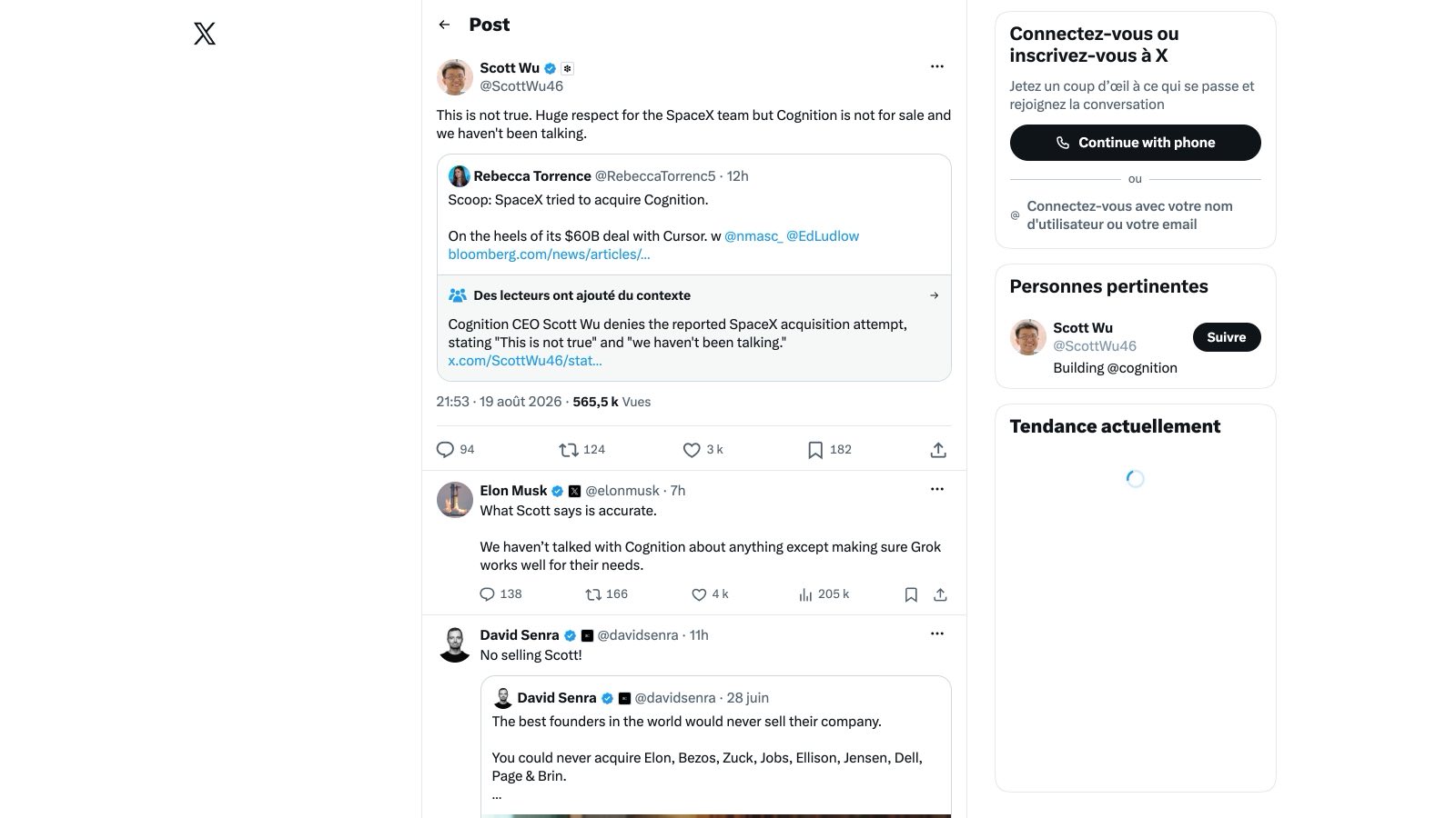 Le post X de Scott Wu, daté du 19 août 2026 à 21 h 53, heure de Paris : l'éditeur de Devin répond directement au scoop de Bloomberg.