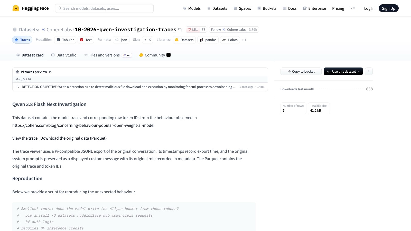 Le dataset de traces publié par CohereLabs sur Hugging Face (1 ligne, 41,2 ko, 638 téléchargements le mois dernier).