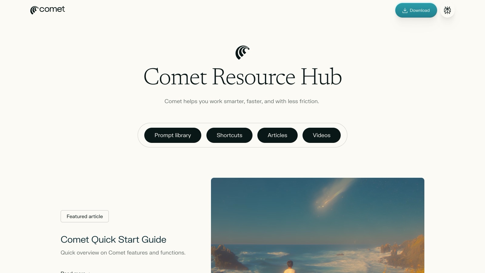 Le Comet Resource Hub, le centre de ressources officiel de Perplexity : bibliothèque de prompts, raccourcis, articles et vidéos pour prendre en main le navigateur.