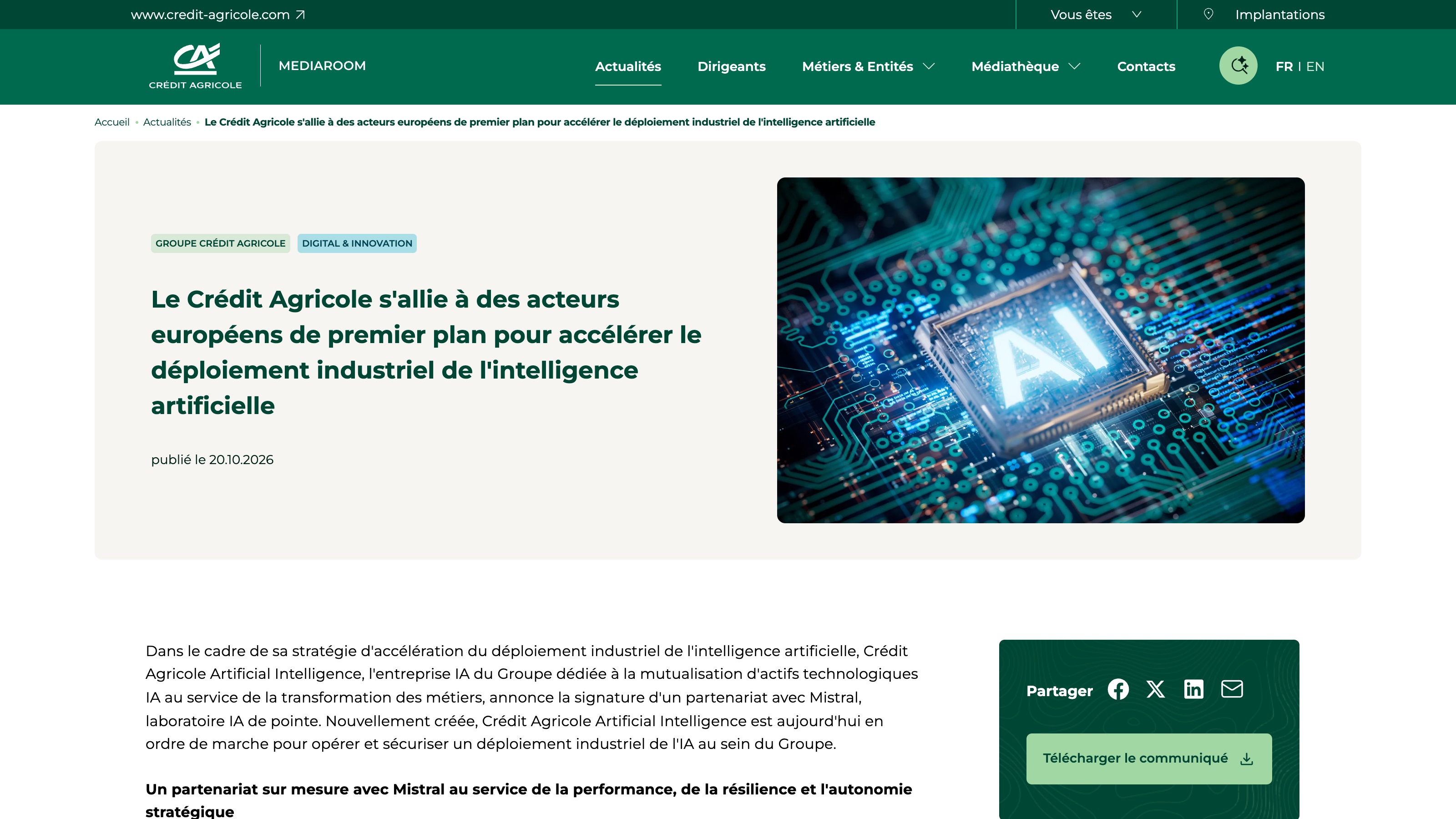 Le communiqué du 20 octobre 2026 sur l'espace presse du Crédit Agricole : titre « Le Crédit Agricole s'allie à des acteurs européens de premier plan pour accélérer le déploiement industriel de l'intelligence artificielle », mention « publié le 20.10.2026 » et chapô annonçant la signature d'un partenariat avec Mistral, laboratoire IA de pointe.