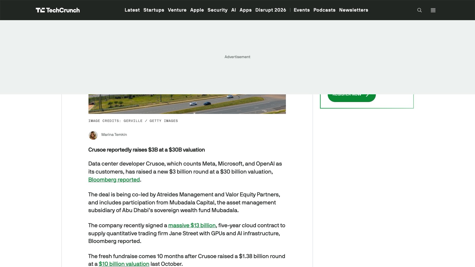 L'article de TechCrunch du 3 septembre 2026, qui reprend Bloomberg : Crusoe lèverait 3 Md$ à une valorisation de 30 Md$.