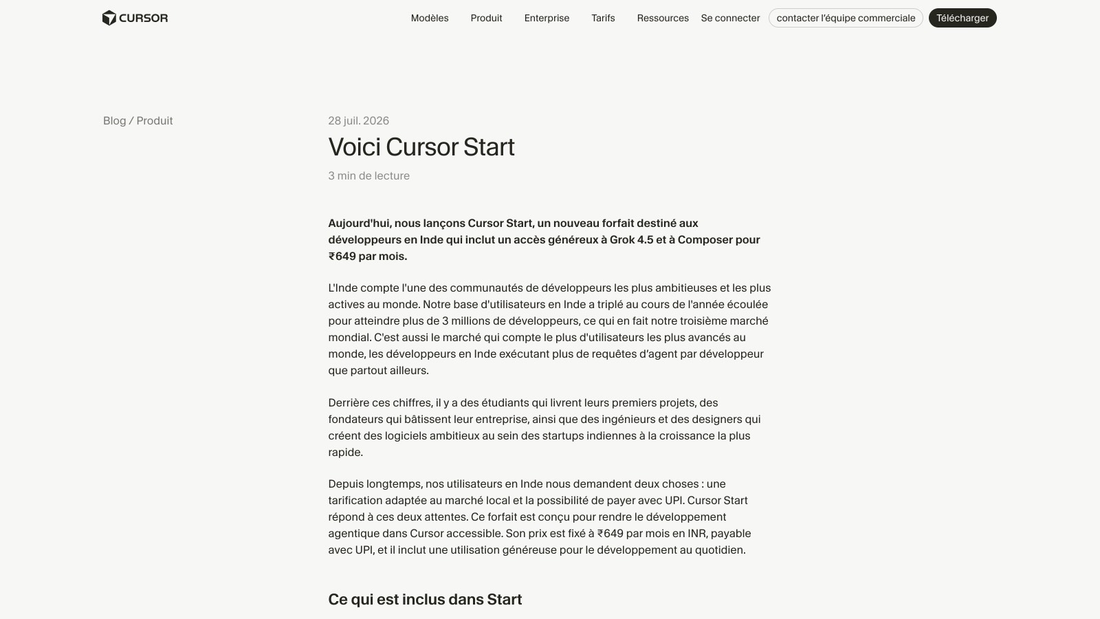 Le billet officiel de Cursor, daté du 28 juillet 2026, détaille le contenu du forfait Start.