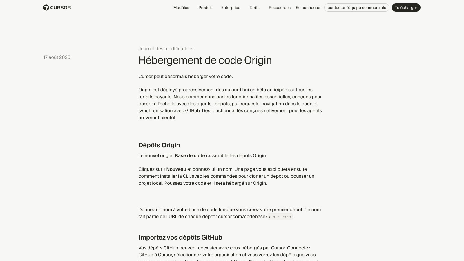 La page du changelog officiel de Cursor, datée du 17 août 2026, présente Origin et ses quatre fonctions de base.