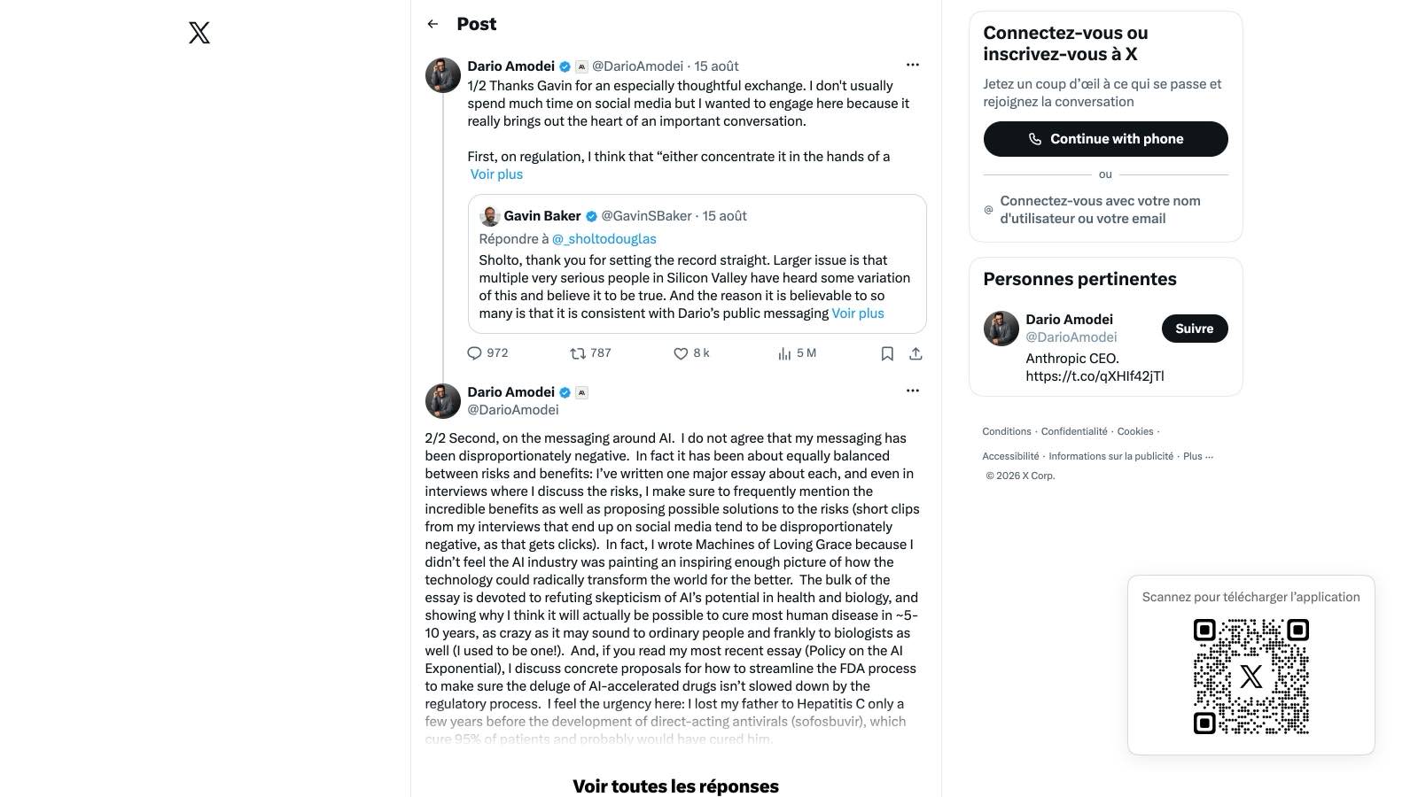 Le fil X de Dario Amodei du 15 août 2026, capturé le 17 : sa réponse 1/2 sur la régulation, le message de Gavin Baker auquel elle répond, et le début du post 2/2 sur la confiance.