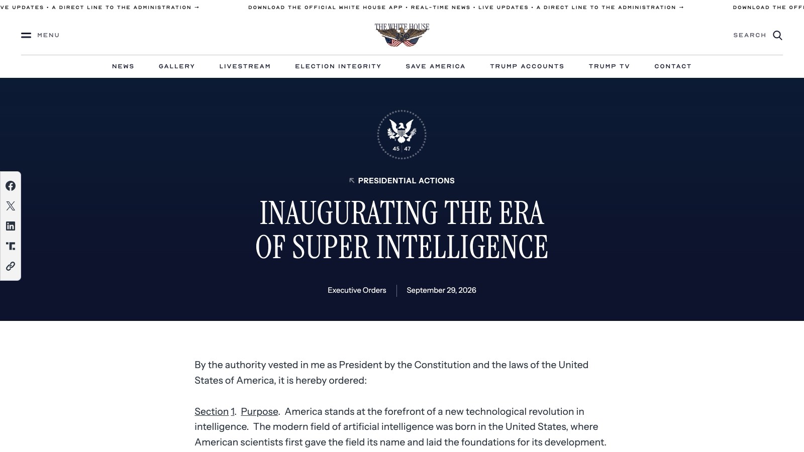 La page officielle du décret « Inaugurating the Era of Super Intelligence » sur whitehouse.gov, datée du 29 septembre 2026 (capture d'écran).