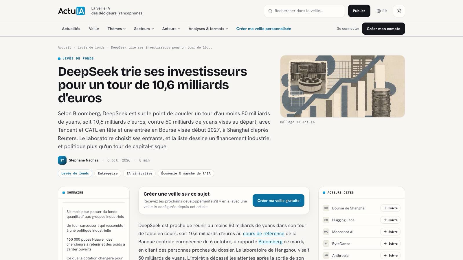 L'article de Bloomberg du 6 octobre 2026, première source du montant : le titre avance 11 milliards de dollars, soit environ 80 milliards de yuans au cours du jour ; le corps du texte est réservé aux abonnés, et CNBC puis Reuters ont recoupé l'essentiel.