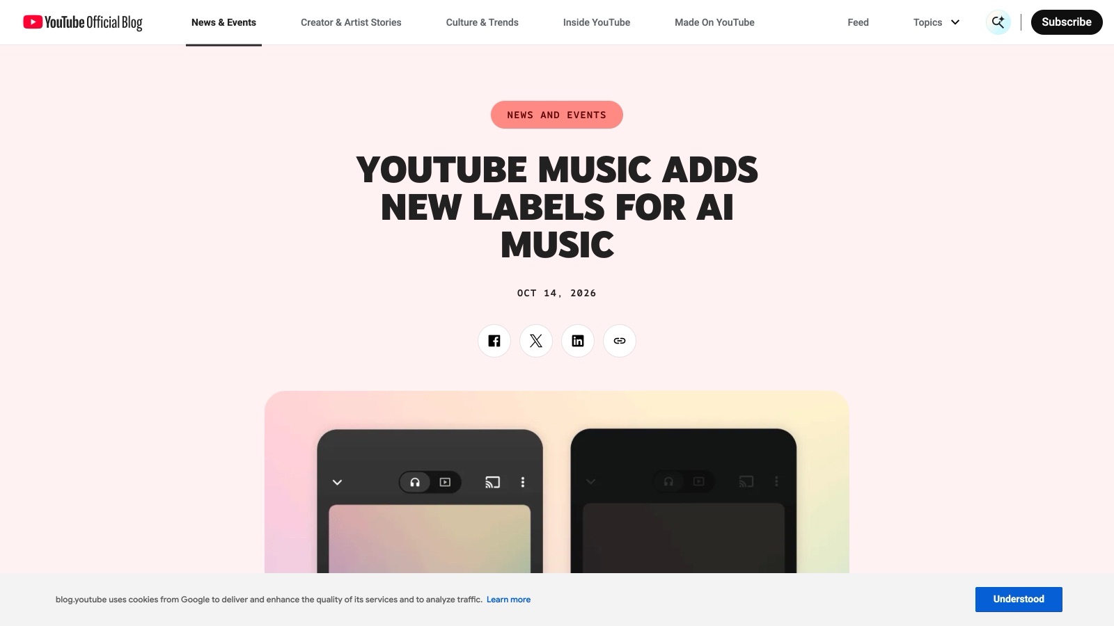 Le billet officiel de YouTube du 14 octobre 2026 : « YouTube Music adds new labels for AI music ».