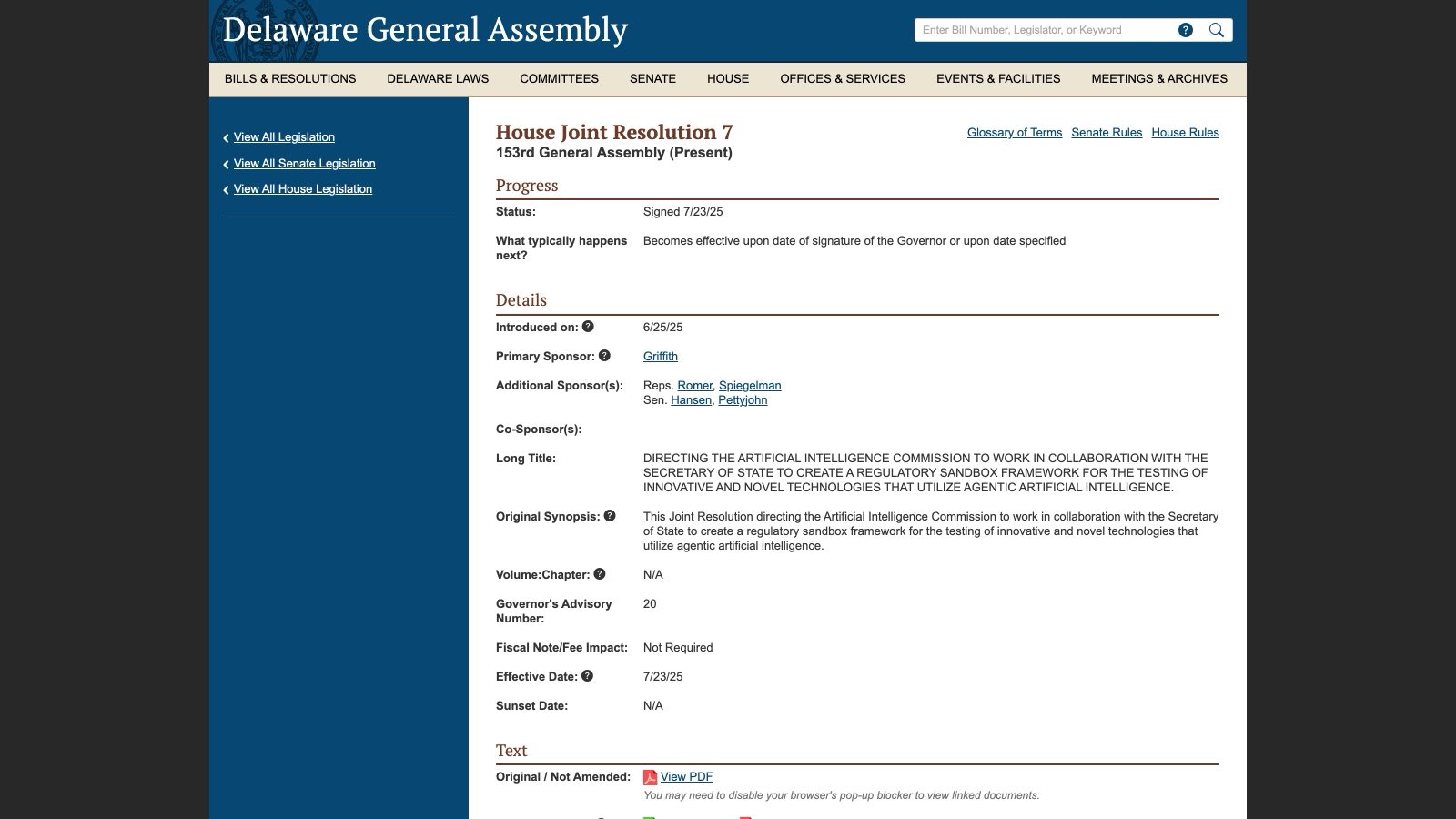 La page officielle de la résolution HJR 7 sur legis.delaware.gov : dépôt le 25 juin 2025, sponsor Griffith, signature le 23 juillet 2025.
