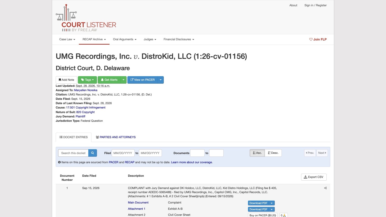 Le docket du tribunal sur CourtListener, consulté le 12 octobre