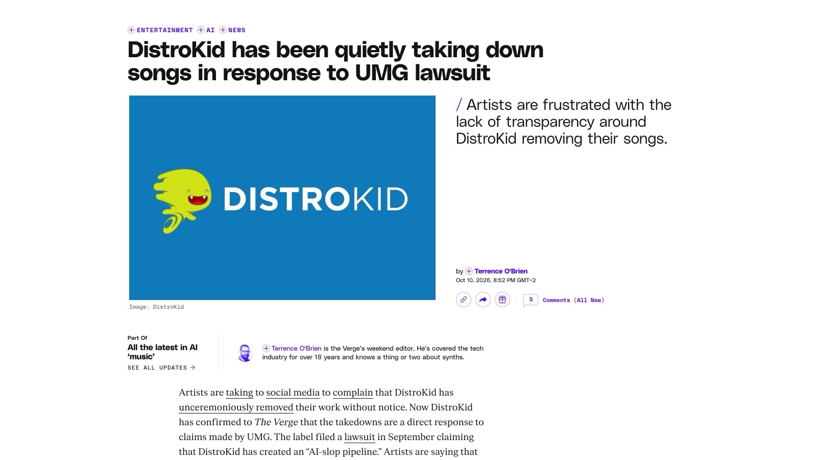 The Verge, 10 octobre 2026 : DistroKid confirme les retraits