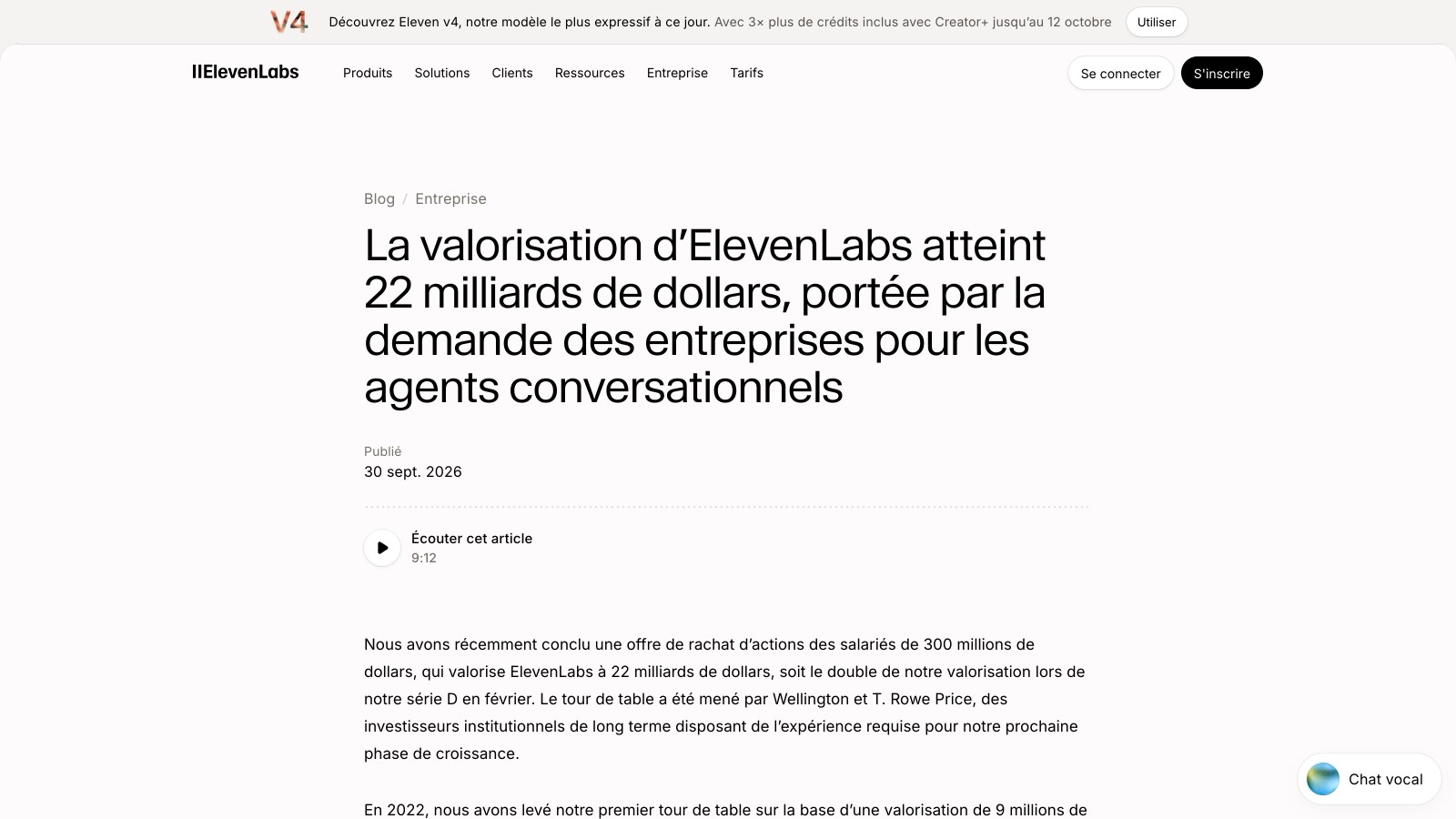 Le billet officiel publié par ElevenLabs le 30 septembre 2026 : l'entreprise y annonce une offre de rachat d'actions salariés de 300 millions de dollars à 22 milliards de dollars de valorisation.