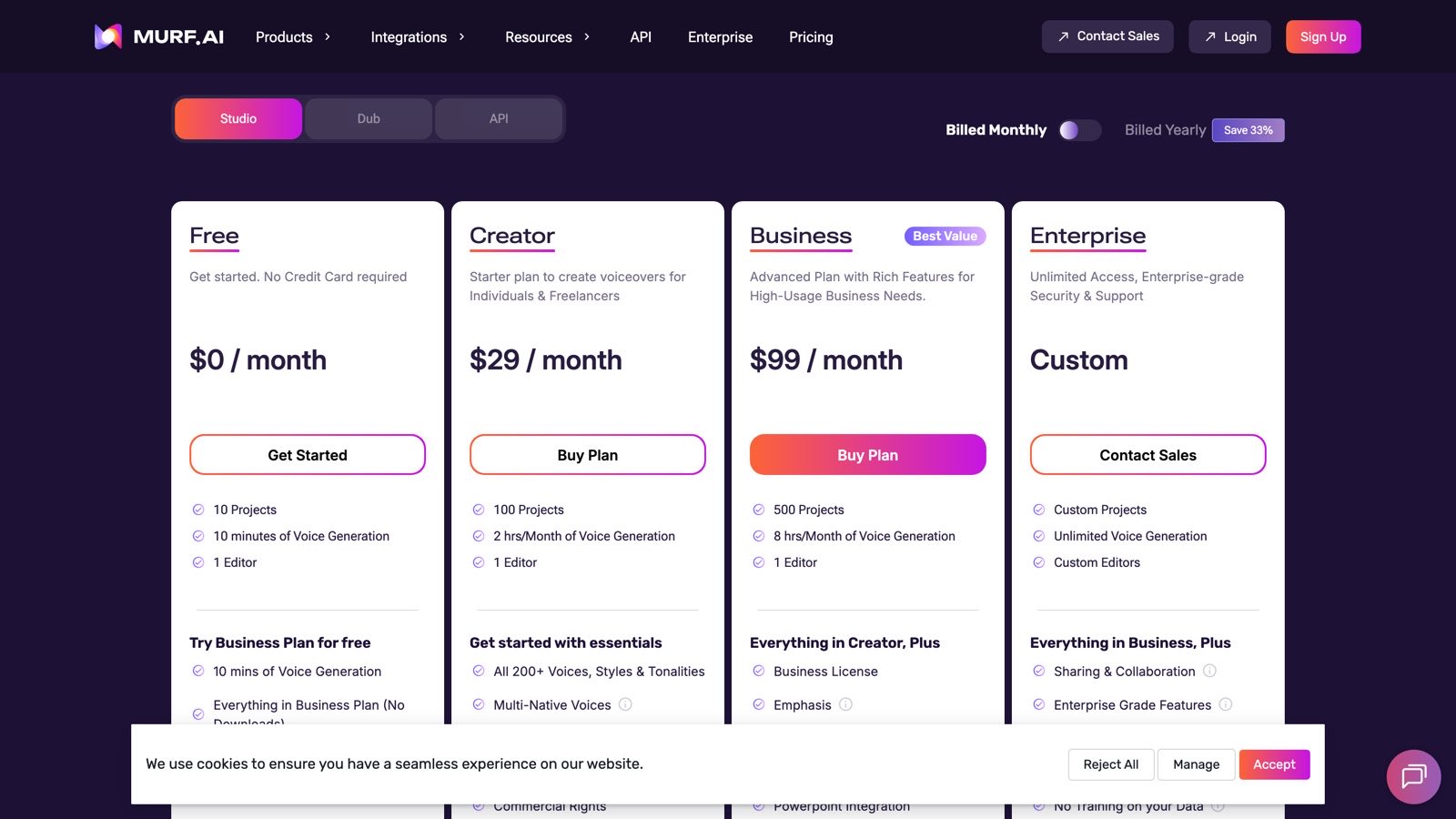 La grille de Murf AI basculée en facturation mensuelle : Creator à 29 $ et Business à 99 $ par mois.